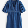 Mid Blue Puff Sleeve Mini 100% Cotton Dress